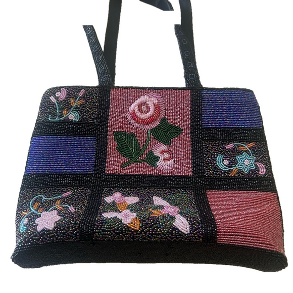 Handbags - - Black and Pink Shoulder Bag with Floral beading